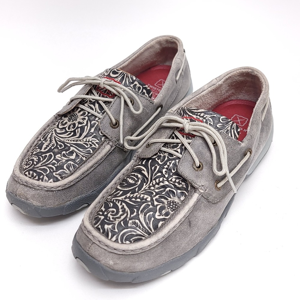 Twisted X Womens Tooled Boat Shoes Size 10 Gray Leather Moc Toe Western